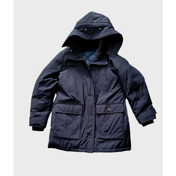 J Crew $450 Nordic Fur Parka Winter Coat Navy L hooded e3977 navy blue! No Fur - Picture 1 of 6